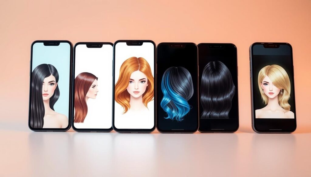 A high-quality, realistic image of 5 smartphone app icons depicting different hairstyles and haircuts, arranged neatly on a clean, minimalist background. The apps should have simple, intuitive user interfaces and vivid, lifelike visualizations of different hair lengths, colors, and styles. Soft, warm lighting illuminates the scene, creating a modern, professional feel. The icons should be crisp and detailed, showcasing the latest advancements in AI-powered hair simulation technology. The overall composition should be visually appealing and effectively communicate the section title "5 Melhores Aplicativos de IA para Simular Cortes de Cabelo em 2024". A high-quality, realistic image of 5 smartphone app icons depicting different hairstyles and haircuts, arranged neatly on a clean, minimalist background. The apps should have simple, intuitive user interfaces and vivid, lifelike visualizations of different hair lengths, colors, and styles. Soft, warm lighting illuminates the scene, creating a modern, professional feel. The icons should be crisp and detailed, showcasing the latest advancements in AI-powered hair simulation technology. The overall composition should be visually appealing and effectively communicate the section title "5 Melhores Aplicativos de IA para Simular Cortes de Cabelo em 2024".