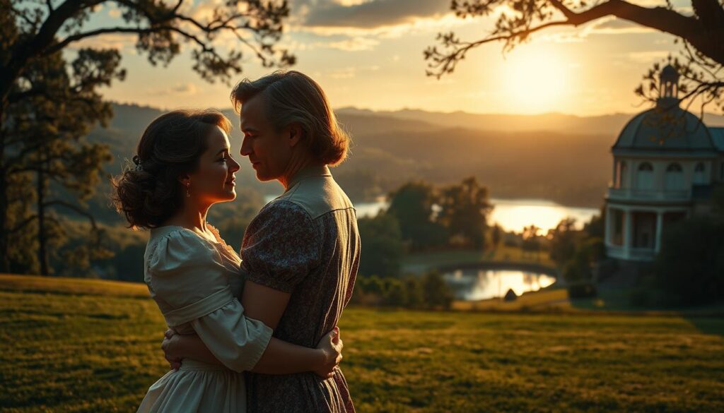 A romantic period drama set in the 1940s, depicting a passionate love story between a wealthy heiress and a poor local man. In the foreground, the two lead characters embrace tenderly, their faces illuminated by the soft, golden glow of a setting sun. In the middle ground, a picturesque Southern landscape with rolling hills, lush forests, and a tranquil lake. The background features a vintage-style mansion, its stately columns and elegant architecture casting long shadows across the scene. The overall mood is one of nostalgic romance, with a dreamlike, cinematic quality conveyed through the lighting and composition. A romantic period drama set in the 1940s, depicting a passionate love story between a wealthy heiress and a poor local man. In the foreground, the two lead characters embrace tenderly, their faces illuminated by the soft, golden glow of a setting sun. In the middle ground, a picturesque Southern landscape with rolling hills, lush forests, and a tranquil lake. The background features a vintage-style mansion, its stately columns and elegant architecture casting long shadows across the scene. The overall mood is one of nostalgic romance, with a dreamlike, cinematic quality conveyed through the lighting and composition.