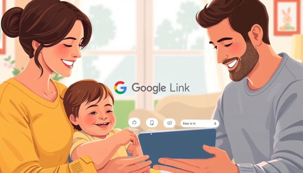 A warm, family-friendly illustration of the Google Family Link parental control app. In the foreground, a smiling family - parents and two children - using the app together on a tablet device. The middle ground features the Google Family Link logo and interface, with clean, intuitive icons and controls. The background depicts a cozy, living room setting with soft, natural lighting from a window. The overall scene conveys a sense of ease, security, and parental empowerment through the use of the Google Family Link app. A warm, family-friendly illustration of the Google Family Link parental control app. In the foreground, a smiling family - parents and two children - using the app together on a tablet device. The middle ground features the Google Family Link logo and interface, with clean, intuitive icons and controls. The background depicts a cozy, living room setting with soft, natural lighting from a window. The overall scene conveys a sense of ease, security, and parental empowerment through the use of the Google Family Link app.
