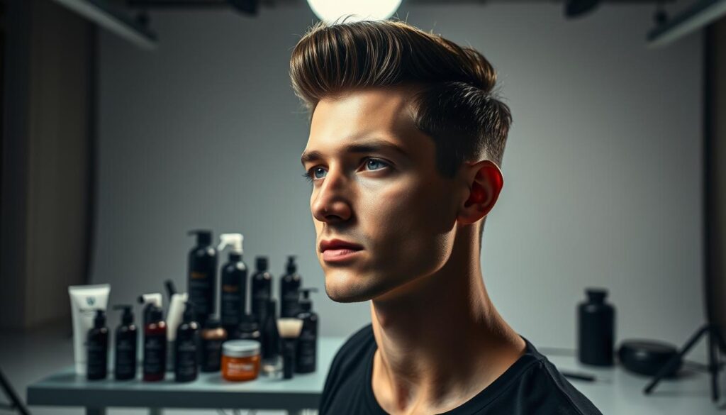 A well-lit studio scene showcasing the latest 2025 men's hairstyle trends. In the foreground, a stylish male model with a carefully crafted, contemporary haircut, his features highlighted by dramatic chiaroscuro lighting. The middle ground features an array of hair products and styling tools, subtly hinting at the techniques used to achieve the modern look. The background depicts a minimalist, industrial-inspired setting with clean lines and muted tones, creating a sleek, high-fashion ambiance. The overall composition and lighting evoke a sense of sophistication and forward-thinking design, capturing the essence of the 2025 men's hair trend predictions. A well-lit studio scene showcasing the latest 2025 men's hairstyle trends. In the foreground, a stylish male model with a carefully crafted, contemporary haircut, his features highlighted by dramatic chiaroscuro lighting. The middle ground features an array of hair products and styling tools, subtly hinting at the techniques used to achieve the modern look. The background depicts a minimalist, industrial-inspired setting with clean lines and muted tones, creating a sleek, high-fashion ambiance. The overall composition and lighting evoke a sense of sophistication and forward-thinking design, capturing the essence of the 2025 men's hair trend predictions.