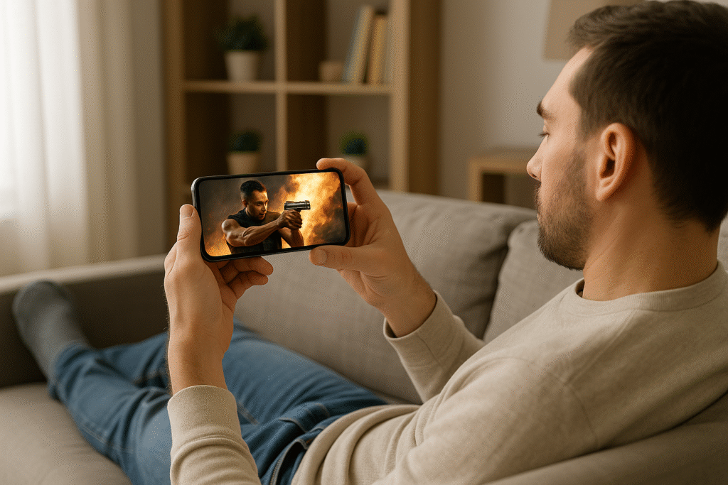A minimalist living room with a sleek smart TV and a mobile device resting on a glass coffee table. The room is bathed in warm, natural lighting streaming through large windows, creating a cozy and inviting atmosphere. On the TV screen, a high-quality action movie is playing, its vibrant colors and crisp details reflecting the advantages of streaming platforms. The room's clean, modern design and the effortless integration of technology convey the convenience and accessibility of streaming apps. The overall scene suggests the pleasures of enjoying immersive, high-quality entertainment at home.