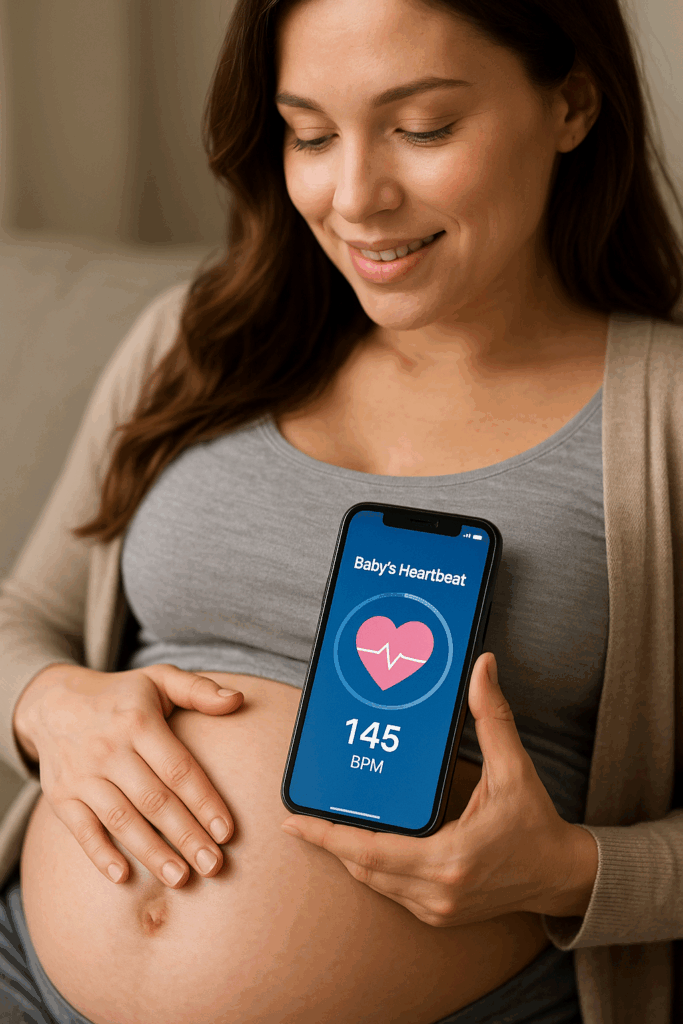A warm and cozy living room scene, with a young mother sitting on a plush sofa, gently holding a smartphone close to her belly. The screen displays a soothing heart rate visualization, reflecting the rhythmic beats of her unborn child. Soft, natural lighting filters through sheer curtains, creating a serene and intimate atmosphere. The mother's expression is one of pure joy and wonder, as she listens intently to the gentle pulsing sounds emitting from the "My Baby Heart Sounds" app. The background features subtle, blurred household details, keeping the focus on the tender mother-child connection.