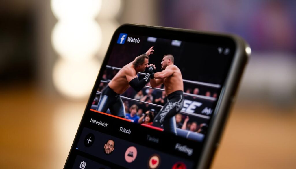 A closeup view of the Facebook Watch app interface, showcasing a live stream of an intense WWE wrestling match. The foreground features the Facebook Watch logo and UI elements, with the wrestling match playing in a central video player. The middle ground depicts the wrestlers engaged in a dramatic grappling sequence, their muscular bodies and expressions conveying the high-energy action. The background is blurred, creating a depth of field that draws the viewer's attention to the app and the thrilling match unfolding within it. The lighting is natural and warm, creating a sense of immersion and engagement. The overall composition and framing suggest the seamless integration of social media and live sports entertainment. A closeup view of the Facebook Watch app interface, showcasing a live stream of an intense WWE wrestling match. The foreground features the Facebook Watch logo and UI elements, with the wrestling match playing in a central video player. The middle ground depicts the wrestlers engaged in a dramatic grappling sequence, their muscular bodies and expressions conveying the high-energy action. The background is blurred, creating a depth of field that draws the viewer's attention to the app and the thrilling match unfolding within it. The lighting is natural and warm, creating a sense of immersion and engagement. The overall composition and framing suggest the seamless integration of social media and live sports entertainment.