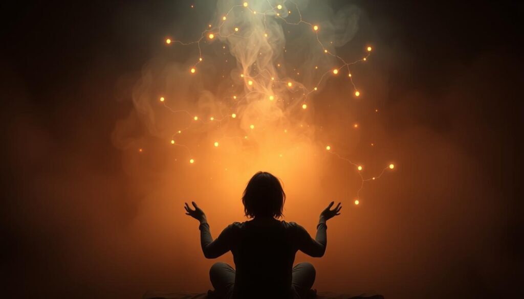 A dimly lit ethereal plane, where wispy spiritual energies converge in a captivating dance. In the foreground, a medium sits in deep contemplation, their hands outstretched as they interpret the subtle signals and vibrations emanating from the otherworldly realm. Soft, glowing orbs of light hover and swirl around them, offering insights and guidance from beyond the veil. The background is shrouded in a mystical, atmospheric haze, evoking a sense of the sacred and the unknown. Warm, ambient lighting casts a serene, introspective glow, creating an immersive, meditative atmosphere. Captured with a wide-angle lens to convey a sense of depth and mysticism, this image aims to visually capture the essence of interpreting spiritual responses. A dimly lit ethereal plane, where wispy spiritual energies converge in a captivating dance. In the foreground, a medium sits in deep contemplation, their hands outstretched as they interpret the subtle signals and vibrations emanating from the otherworldly realm. Soft, glowing orbs of light hover and swirl around them, offering insights and guidance from beyond the veil. The background is shrouded in a mystical, atmospheric haze, evoking a sense of the sacred and the unknown. Warm, ambient lighting casts a serene, introspective glow, creating an immersive, meditative atmosphere. Captured with a wide-angle lens to convey a sense of depth and mysticism, this image aims to visually capture the essence of interpreting spiritual responses.
