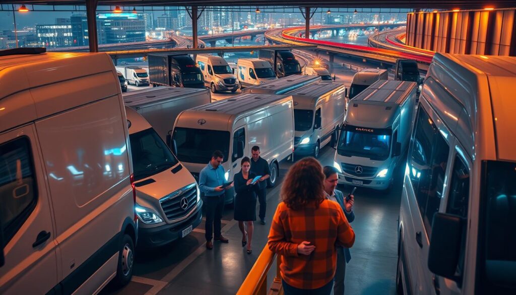 A fleet of modern delivery vehicles, each equipped with GPS tracking devices, parked in a well-lit urban logistics hub. The middle ground features a group of fleet managers reviewing real-time analytics on sleek tablets, their faces illuminated by the glow of the screens. In the background, a cityscape of skyscrapers and traffic arteries suggests the scale and complexity of the transportation network. Warm lighting and a sense of efficiency convey the "Benefits of Tracking for Your Fleet" - improved asset visibility, route optimization, and data-driven decision making. A fleet of modern delivery vehicles, each equipped with GPS tracking devices, parked in a well-lit urban logistics hub. The middle ground features a group of fleet managers reviewing real-time analytics on sleek tablets, their faces illuminated by the glow of the screens. In the background, a cityscape of skyscrapers and traffic arteries suggests the scale and complexity of the transportation network. Warm lighting and a sense of efficiency convey the "Benefits of Tracking for Your Fleet" - improved asset visibility, route optimization, and data-driven decision making.