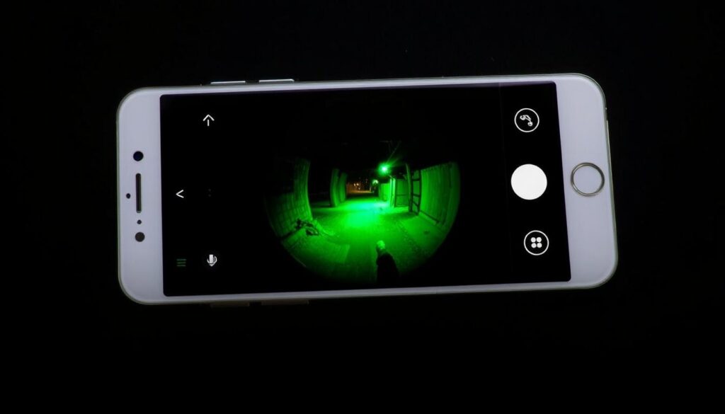 A night vision camera app interface displayed on a modern smartphone screen. The app features a clear, high-resolution night vision camera feed with adjustable brightness, contrast, and color modes. The user interface is sleek and intuitive, with simple controls for toggling night vision, accessing settings, and switching between different camera modes. The background is dark, creating a stark contrast that highlights the vivid, green-hued night vision imagery. The overall atmosphere is one of enhanced visibility and technical sophistication, perfect for discreet nighttime observations or capturing low-light scenes. A night vision camera app interface displayed on a modern smartphone screen. The app features a clear, high-resolution night vision camera feed with adjustable brightness, contrast, and color modes. The user interface is sleek and intuitive, with simple controls for toggling night vision, accessing settings, and switching between different camera modes. The background is dark, creating a stark contrast that highlights the vivid, green-hued night vision imagery. The overall atmosphere is one of enhanced visibility and technical sophistication, perfect for discreet nighttime observations or capturing low-light scenes.