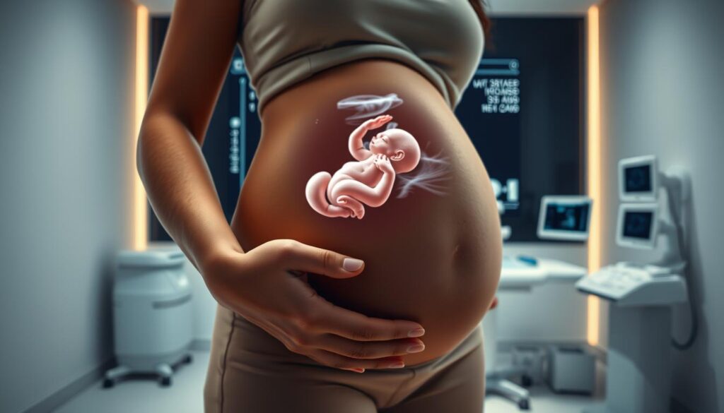 A serene ultrasound examination room, with a softly lit, modern interior. In the foreground, a pregnant woman's hand gently rests on her belly, the skin glowing with a healthy radiance. The middle ground features a high-resolution display, showcasing a detailed 3D rendering of the developing fetus, its features emerging with striking clarity. In the background, a minimalist workspace populated by state-of-the-art medical equipment, conveying the sophisticated, research-driven nature of the "Meu Pré-Natal" application. The overall atmosphere is one of wonder, comfort, and the seamless integration of technology into the prenatal care experience. A serene ultrasound examination room, with a softly lit, modern interior. In the foreground, a pregnant woman's hand gently rests on her belly, the skin glowing with a healthy radiance. The middle ground features a high-resolution display, showcasing a detailed 3D rendering of the developing fetus, its features emerging with striking clarity. In the background, a minimalist workspace populated by state-of-the-art medical equipment, conveying the sophisticated, research-driven nature of the "Meu Pré-Natal" application. The overall atmosphere is one of wonder, comfort, and the seamless integration of technology into the prenatal care experience.
