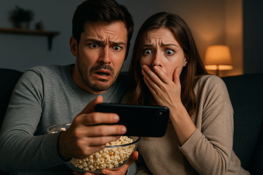 A serene living room with a flatscreen TV and a smartphone on a coffee table. The room is dimly lit, with soft ambient lighting casting a warm glow. The smartphone displays a streaming app interface, but a cautionary warning sign hovers above it, highlighting the need for vigilance when using free streaming services. The background is slightly blurred, emphasizing the focus on the smartphone and the potential risks associated with its use. The overall atmosphere conveys a sense of caution and awareness, reflecting the topic of "Precauções ao usar apps de streaming gratuito".