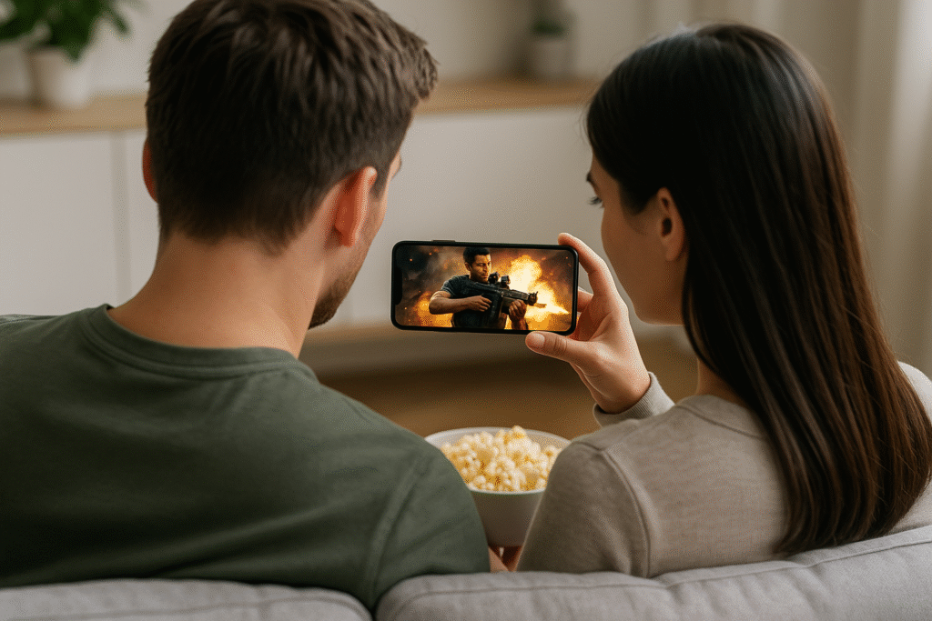 A sleek, modern living room with a large 4K OLED television as the centerpiece. The screen displays a high-definition action movie, with vibrant colors, deep blacks, and crisp details. Subtle ambient lighting creates a cozy, cinematic atmosphere, while plush, comfortable seating invites viewers to immerse themselves in the film. The room is decorated in warm, neutral tones, with minimal clutter to draw the eye to the captivating display. A stylish media console houses the television and related equipment, seamlessly blending form and function. Overall, the scene conveys a premium home theater experience, showcasing how the right television can elevate the enjoyment of full HD movies.