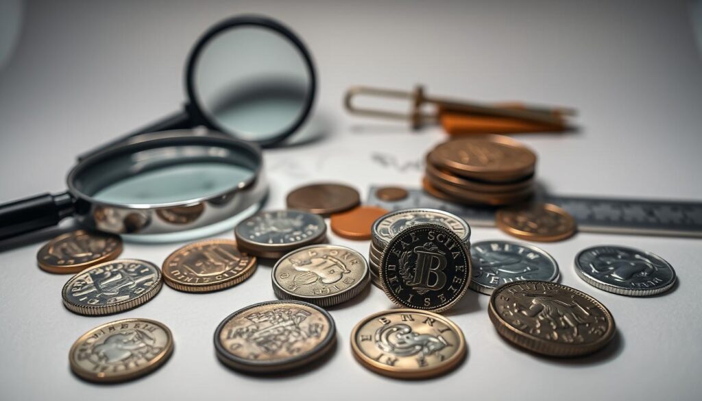 Detailed information about valuable coins on a clean, well-lit display. The foreground features a selection of meticulously photographed antique coins in various denominations, showcasing their intricate designs and pristine condition. The middle ground includes a magnifying glass, ruler, and other numismatic tools to emphasize the level of detail. The background is a simple, neutral backdrop, allowing the coins to be the central focus. Soft, directional lighting casts subtle shadows, highlighting the coins' textures and contours. The overall composition conveys a sense of scholarly examination and appreciation for these historical artifacts. Detailed information about valuable coins on a clean, well-lit display. The foreground features a selection of meticulously photographed antique coins in various denominations, showcasing their intricate designs and pristine condition. The middle ground includes a magnifying glass, ruler, and other numismatic tools to emphasize the level of detail. The background is a simple, neutral backdrop, allowing the coins to be the central focus. Soft, directional lighting casts subtle shadows, highlighting the coins' textures and contours. The overall composition conveys a sense of scholarly examination and appreciation for these historical artifacts.