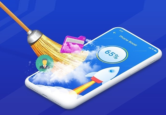 A cluttered smartphone with various apps, files, and notifications covering the screen, set against a minimalist white background. Bright, natural lighting illuminates the device, casting soft shadows. The foreground focuses on the phone, while the background is blurred, emphasizing the central subject. The image conveys a sense of digital clutter and the need to organize and optimize the device's storage space.