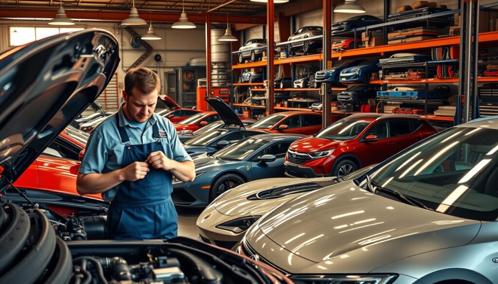 A bustling automotive workshop, filled with the hum of machinery and the scent of grease. In the foreground, a skilled mechanic in overalls examines the inner workings of a car, their experienced hands deftly troubleshooting the issue. The middle ground showcases a diverse array of vehicles - from sleek sports cars to rugged pickups - awaiting their turn for professional attention. In the background, shelves brimming with tools and auto parts create an atmosphere of organized chaos, reflecting the high demand for qualified mechanics in this thriving industry. Warm, natural lighting filters through the workshop's windows, casting a welcoming glow and conveying a sense of industrious productivity.
