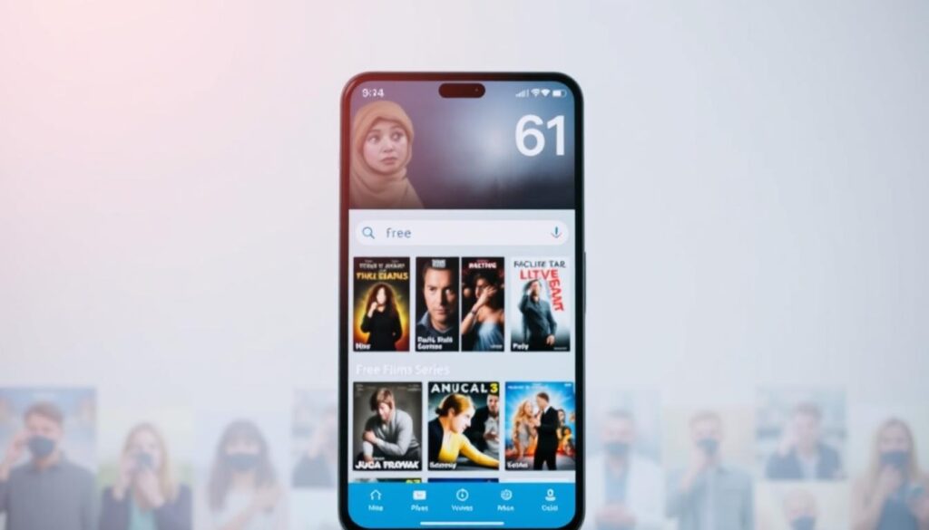 A busy mobile app screen with a clean, minimalist layout. In the foreground, a selection of movie and TV show thumbnails are prominently displayed, inviting the viewer to explore the free content available. The middle ground features a search bar and intuitive navigation menu, allowing users to easily find their desired entertainment. The background is a subtle gradient, creating a sense of depth and focus on the central content. Soft, diffused lighting illuminates the scene, giving it a warm and welcoming atmosphere. The overall impression is one of a high-quality, user-friendly platform for accessing a vast library of free films and series.