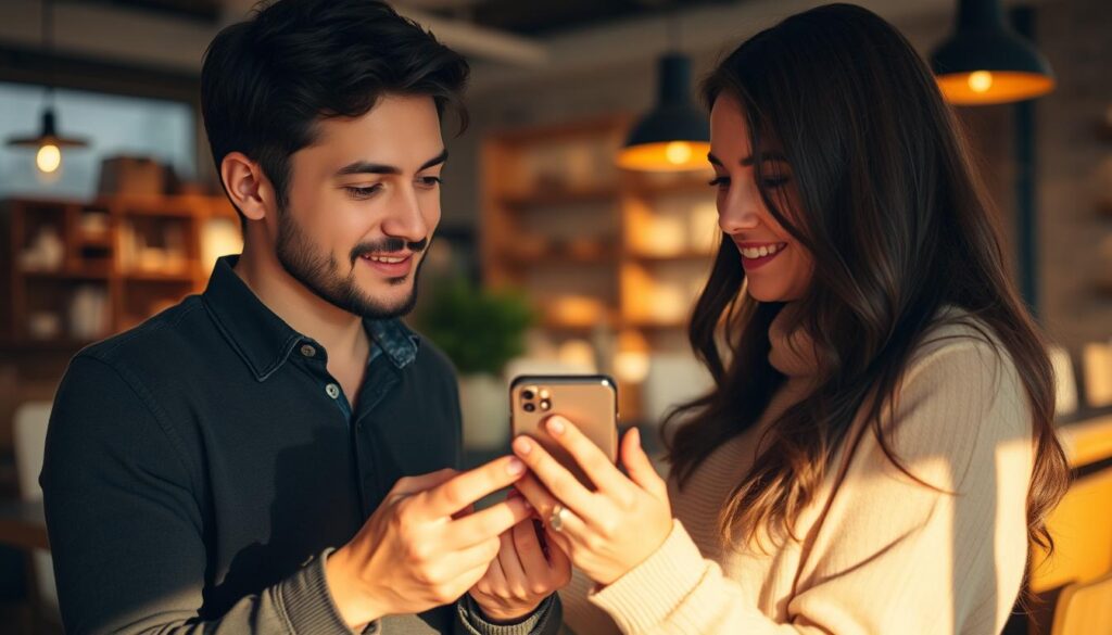 A couple using a smartphone calculator app, their hands intertwined, set against a warm, cozy backdrop of a coffee shop or café. Soft, natural lighting illuminates the scene, creating a sense of intimacy and connection. The pair's expressions convey a sense of curiosity, contemplation, and affection as they explore the app together. The overall mood is one of romance, simplicity, and the power of technology to bring people closer.
