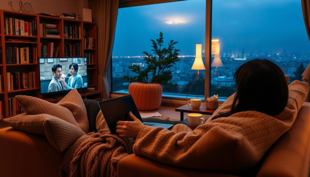 A cozy living room scene bathed in warm, soft lighting. In the foreground, a person lounging on a comfortable couch, laptop open and a cup of hot coffee nearby, deeply engrossed in a captivating Korean drama on the screen. Surrounding them, plush throw pillows, a knitted blanket, and a small side table with snacks and drinks, creating a cozy, inviting atmosphere. In the middle ground, bookshelves lining the walls, filled with a diverse collection of novels and media, hinting at the viewer's diverse interests. The background features a large window overlooking a peaceful cityscape, the nighttime skyline gently illuminating the room. The overall mood is one of relaxation, comfort, and immersion in the captivating world of Korean television. A cozy living room scene bathed in warm, soft lighting. In the foreground, a person lounging on a comfortable couch, laptop open and a cup of hot coffee nearby, deeply engrossed in a captivating Korean drama on the screen. Surrounding them, plush throw pillows, a knitted blanket, and a small side table with snacks and drinks, creating a cozy, inviting atmosphere. In the middle ground, bookshelves lining the walls, filled with a diverse collection of novels and media, hinting at the viewer's diverse interests. The background features a large window overlooking a peaceful cityscape, the nighttime skyline gently illuminating the room. The overall mood is one of relaxation, comfort, and immersion in the captivating world of Korean television.