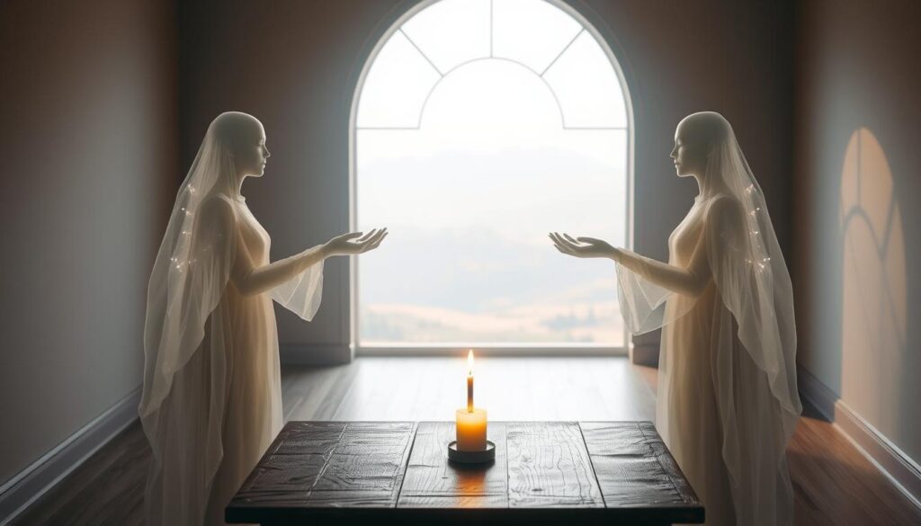 A dimly lit, ethereal room with a soft, calming atmosphere. In the foreground, two translucent, glowing spirit figures facing each other, their hands outstretched, creating a shimmering energy field between them. The middle ground features a wooden table with a single lit candle, casting a warm, flickering glow. In the background, a hazy, indistinct landscape can be seen through a large, arched window, adding to the sense of spiritual connection. The overall scene conveys a sense of initial communication and connection with benevolent spirits.