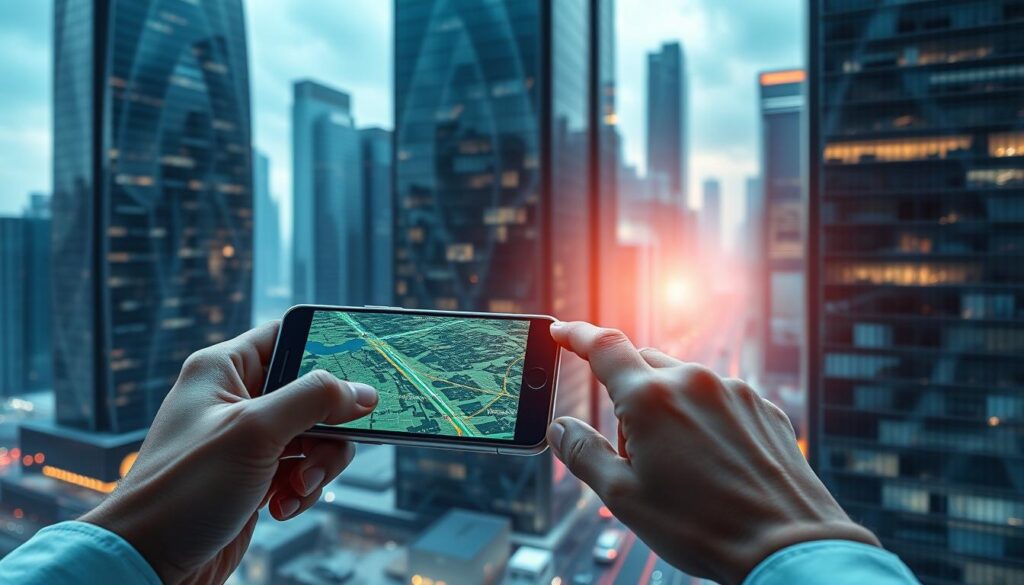 A futuristic cityscape with towering skyscrapers, their glass facades reflecting the vibrant digital maps and GPS coordinates displayed on holographic screens. In the foreground, a user holds a sleek, modern smartphone, navigating through a 3D terrain model as satellite imagery and real-time traffic data overlay the scene. The background is bathed in a cool, ethereal glow, evoking the technological advancements that enable precise, digital land measurement and surveying. Soft shadows and dramatic lighting create a sense of depth and atmosphere, showcasing the power and convenience of GPS and digital mapping tools. A futuristic cityscape with towering skyscrapers, their glass facades reflecting the vibrant digital maps and GPS coordinates displayed on holographic screens. In the foreground, a user holds a sleek, modern smartphone, navigating through a 3D terrain model as satellite imagery and real-time traffic data overlay the scene. The background is bathed in a cool, ethereal glow, evoking the technological advancements that enable precise, digital land measurement and surveying. Soft shadows and dramatic lighting create a sense of depth and atmosphere, showcasing the power and convenience of GPS and digital mapping tools.