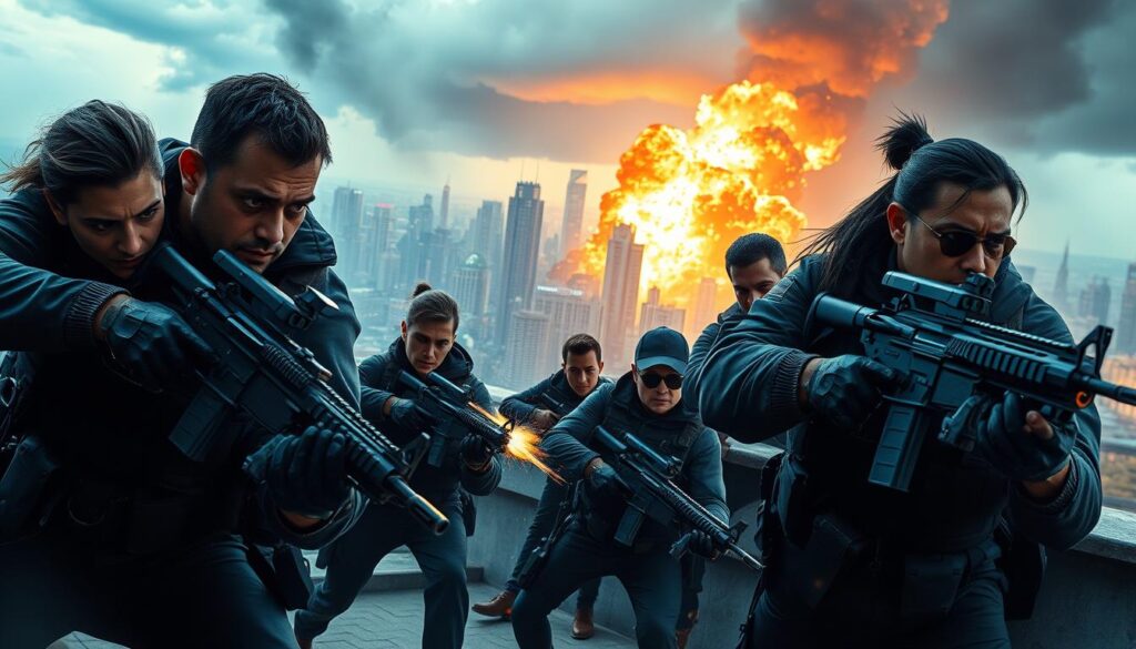 A high-octane action blockbuster scene with a diverse ensemble cast. In the foreground, a group of elite operatives engage in a tense firefight, their faces etched with determination as they wield state-of-the-art firearms. The middle ground features a sprawling urban cityscape, skyscrapers and neon lights casting dramatic shadows. In the background, ominous storm clouds loom, hinting at the scale and intensity of the conflict. The lighting is a dynamic mix of cool tones and fiery bursts, creating a visually striking and cinematic atmosphere. Capture the thrill, the camaraderie, and the high-stakes drama of a big-budget action spectacle. A high-octane action blockbuster scene with a diverse ensemble cast. In the foreground, a group of elite operatives engage in a tense firefight, their faces etched with determination as they wield state-of-the-art firearms. The middle ground features a sprawling urban cityscape, skyscrapers and neon lights casting dramatic shadows. In the background, ominous storm clouds loom, hinting at the scale and intensity of the conflict. The lighting is a dynamic mix of cool tones and fiery bursts, creating a visually striking and cinematic atmosphere. Capture the thrill, the camaraderie, and the high-stakes drama of a big-budget action spectacle.