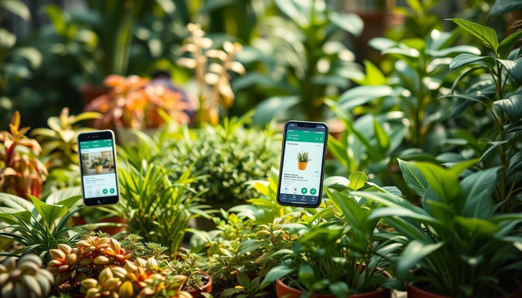 A lush botanical garden setting, showcasing a selection of mobile devices displaying plant identification apps powered by AI technology. The foreground features a variety of thriving houseplants and potted flora, their vibrant foliage and intricate details captured in sharp focus. In the middle ground, sleek smartphones and tablets float, their screens displaying plant identification results and care instructions. The background is softly blurred, creating a sense of depth and emphasizing the central technology-meets-nature theme. The lighting is warm and natural, casting gentle shadows and highlights to accentuate the organic textures. The overall mood is one of discovery, learning, and the harmonious integration of modern tools with the natural world. A lush botanical garden setting, showcasing a selection of mobile devices displaying plant identification apps powered by AI technology. The foreground features a variety of thriving houseplants and potted flora, their vibrant foliage and intricate details captured in sharp focus. In the middle ground, sleek smartphones and tablets float, their screens displaying plant identification results and care instructions. The background is softly blurred, creating a sense of depth and emphasizing the central technology-meets-nature theme. The lighting is warm and natural, casting gentle shadows and highlights to accentuate the organic textures. The overall mood is one of discovery, learning, and the harmonious integration of modern tools with the natural world.