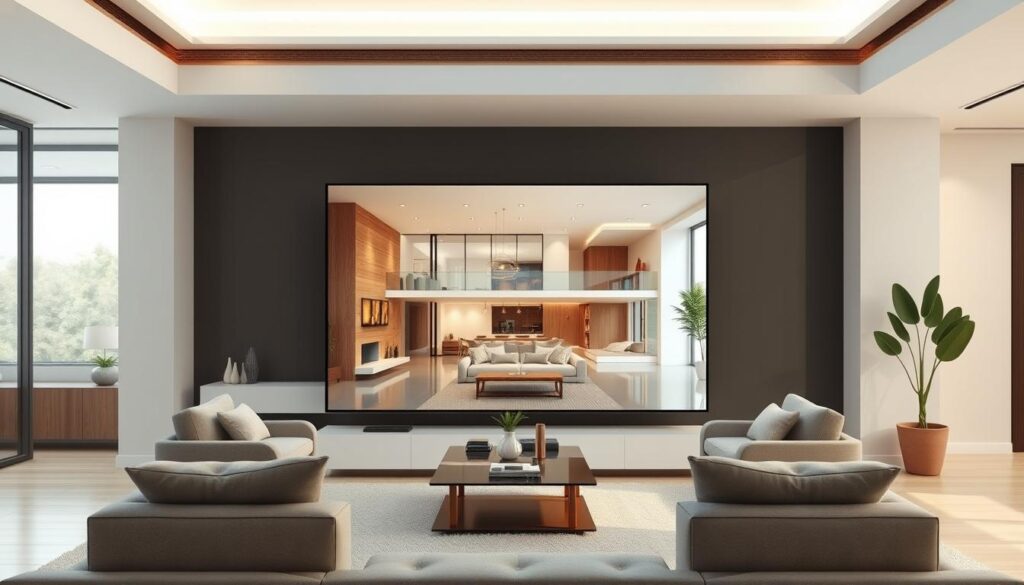 A modern, photorealistic interior scene of a living room with a realistic 3D rendering of a residential property showcased on a large, high-resolution display. The display depicts a detailed, fully furnished home interior with natural lighting, accurate textures, and lifelike details. The room has sleek, minimalist furnishings and decor that create a warm, inviting atmosphere. The display is the focal point, positioned prominently in the center of the frame, with the rest of the room subtly complementing it. The lighting is soft and diffused, creating depth and dimensionality. The camera angle is slightly elevated to provide an immersive, eye-level perspective of the display and surrounding environment.