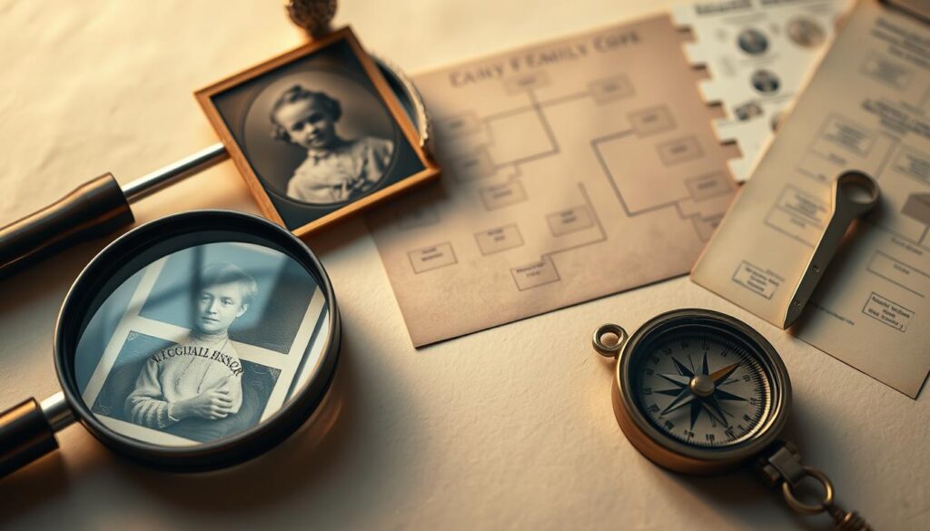 A neatly organized desktop with various genealogy research tools, including a magnifying glass, an old photograph, a family tree diagram, and an antique-style compass. The scene is illuminated by warm, soft lighting, conveying a sense of thoughtful discovery and exploration of one's family history. The composition features a balanced arrangement of the tools, creating a visually appealing and informative display. The overall mood is one of intrigue, nostalgia, and a desire to uncover the stories hidden within a family's past. A neatly organized desktop with various genealogy research tools, including a magnifying glass, an old photograph, a family tree diagram, and an antique-style compass. The scene is illuminated by warm, soft lighting, conveying a sense of thoughtful discovery and exploration of one's family history. The composition features a balanced arrangement of the tools, creating a visually appealing and informative display. The overall mood is one of intrigue, nostalgia, and a desire to uncover the stories hidden within a family's past.