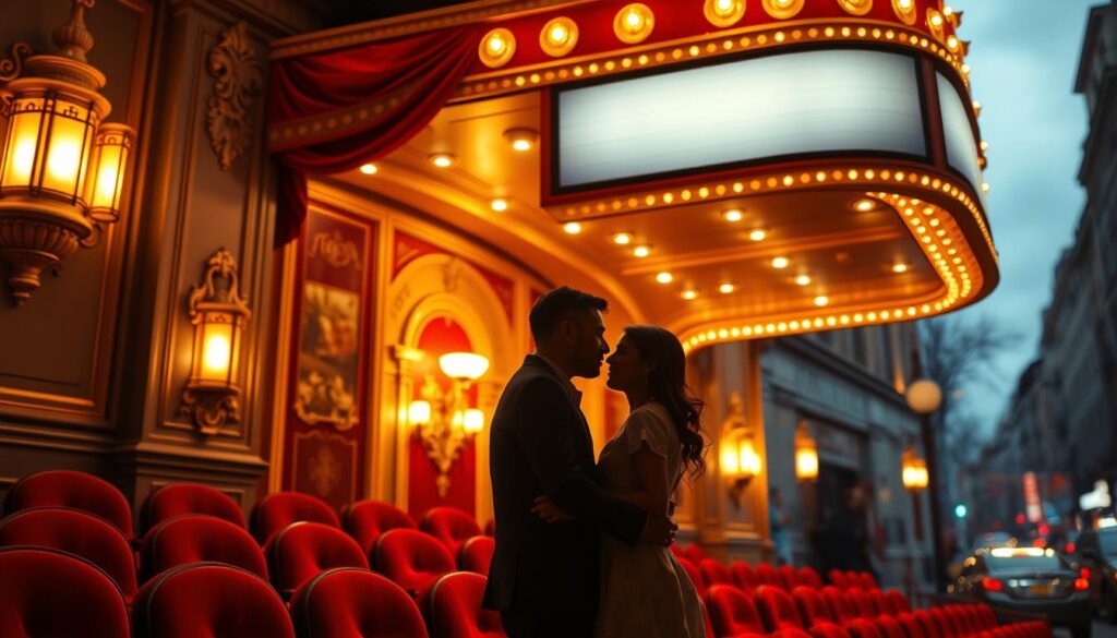 A romantic movie theater marquee illuminated by warm, golden lighting, casting a cozy glow on the facade. In the foreground, a couple embracing, their silhouettes framed by the theater's elegant archway. The middle ground features plush, red velvet seats and ornate, gilded moldings, evoking a sense of classic elegance. The background depicts a blurred cityscape, hinting at the bustling urban setting beyond the theater's walls. The overall atmosphere is one of enchantment, intimacy, and the magic of cinematic storytelling.