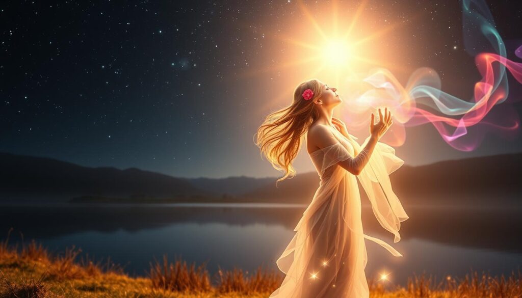 A serene ethereal scene of spiritual communication. In the foreground, two ethereal, glowing figures embrace, their energy intertwining. The middle ground depicts a peaceful landscape, with a tranquil lake reflecting the starry night sky. In the distance, wisps of colorful energy dance, hinting at the presence of unseen spiritual realms. Soft, warm lighting bathes the scene, creating an atmosphere of transcendental connection and divine tranquility. A medium-wide, slightly elevated camera angle captures the profound, intimate moment of spiritual exchange.