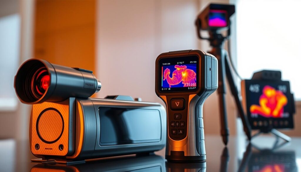 A sleek array of thermal imaging devices, their metallic bodies gleaming under soft, diffused lighting. In the foreground, a high-resolution thermal camera with a precision lens, its display showing a vivid heat signature. In the middle ground, a handheld thermal imager with a ergonomic grip, its screen revealing a detailed thermal map. In the background, a tripod-mounted thermal security camera, its infrared sensors capturing the scene with unparalleled clarity. The overall atmosphere conveys a sense of advanced technology, scientific precision, and practical utility for a wide range of applications. A sleek array of thermal imaging devices, their metallic bodies gleaming under soft, diffused lighting. In the foreground, a high-resolution thermal camera with a precision lens, its display showing a vivid heat signature. In the middle ground, a handheld thermal imager with a ergonomic grip, its screen revealing a detailed thermal map. In the background, a tripod-mounted thermal security camera, its infrared sensors capturing the scene with unparalleled clarity. The overall atmosphere conveys a sense of advanced technology, scientific precision, and practical utility for a wide range of applications.