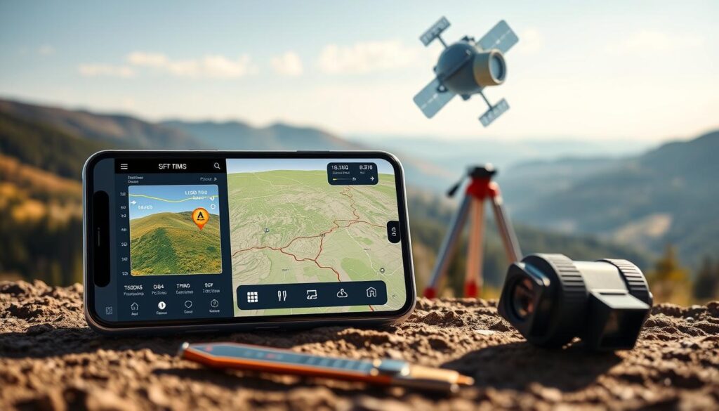 A sleek, modern mobile device display showcasing a satellite-based terrain measurement app. The foreground features the app interface with intuitive controls, precise geo-coordinates, and an overlaid topographical map. The middle ground depicts a surveyor's tools like a compass, tripod, and laser rangefinder. The background scene shows a picturesque landscape with rolling hills, forests, and a clear sky with a stylized satellite orbiting overhead. The lighting is crisp and natural, accentuating the advanced technology and precision of the measurement tools. The overall mood conveys professionalism, efficiency, and the power of mobile technology to accurately map the physical world.
