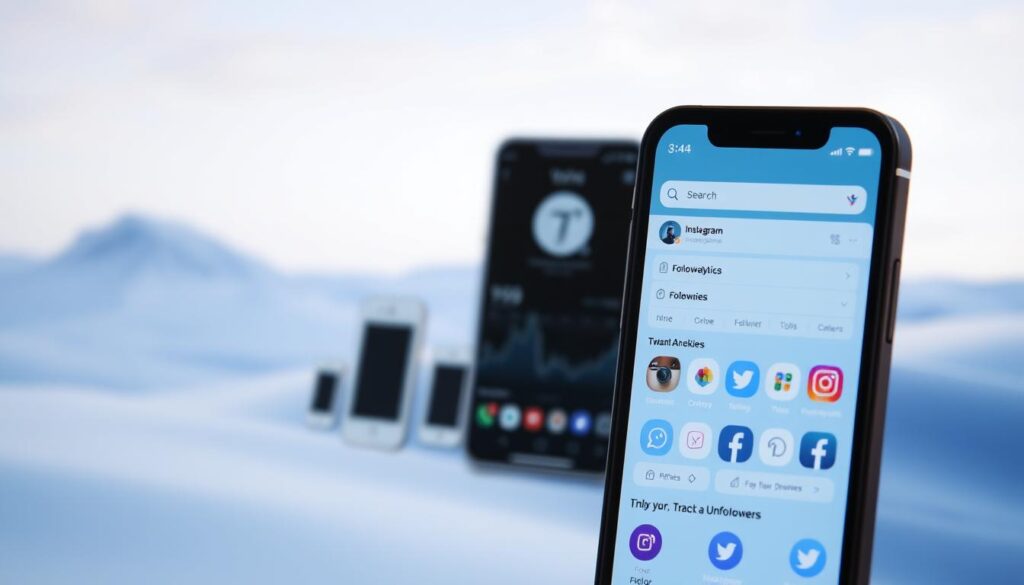 A sleek, modern smartphone screen displaying a grid of various social media app icons, including Instagram, Twitter, and Facebook. The foreground focuses on a specific app with a dynamic, minimalist UI, featuring a search bar, follower analytics, and options to unfollow or track unfollowers. The middle ground showcases various mobile device mockups in different orientations, subtly suggesting the cross-platform compatibility of the app. The background features a blurred, abstract landscape with clean lines and soft gradients, conveying a sense of technology, connectivity, and digital empowerment. The overall tone is professional, visually appealing, and aligned with the subject of the article section.