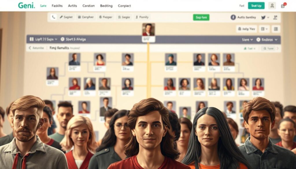 A vibrant, collaborative platform called Geni, featuring a family tree interface with interactive profiles, shared research, and open communication between relatives. In the foreground, detailed family member avatars are meticulously crafted, inviting the viewer to explore their ancestral connections. The middle ground showcases a clean, intuitive user interface with navigation tools and data visualization elements. The background portrays a warm, inclusive atmosphere with a subtle color palette and a sense of shared heritage, encouraging users to contribute and discover their family's rich history together.