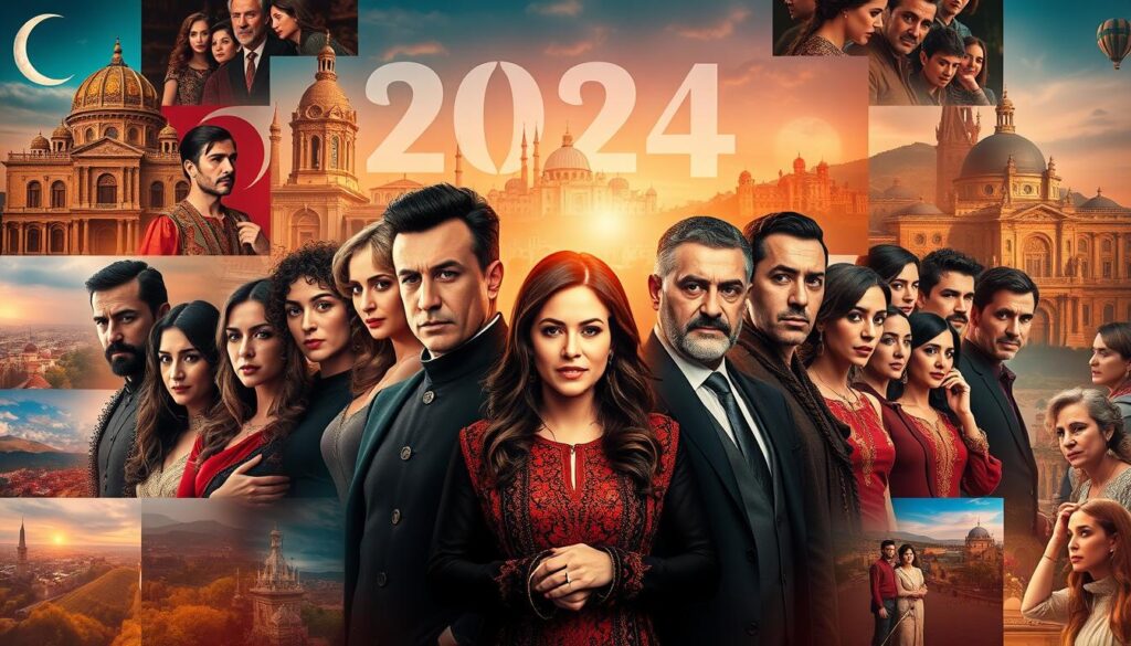 A vibrant collage depicting the highly anticipated 2024 Turkish television series lineup. In the foreground, a diverse ensemble of Turkish actors and actresses strike dramatic poses, their expressions conveying the emotional depth and captivating narratives of the new shows. The middle ground features glimpses of lush, richly detailed settings - opulent palaces, bustling cityscapes, and serene countryside landscapes that transport viewers to the heart of Turkish culture. The background is a mosaic of dynamic, colorful graphics and illustrations, hinting at the variety of genres, from sweeping historical sagas to contemporary family dramas. Bathed in warm, cinematic lighting and captured with a cinematic lens, the image evokes a sense of anticipation and the promise of immersive storytelling that will captivate audiences in the coming year.