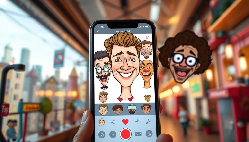 A vibrant, hand-drawn style cartoon mobile app interface, featuring a diverse array of expressive character illustrations, intuitive tools for distorting facial features, and a vivid color palette. The scene is bathed in warm, soft lighting, with a slightly blurred, dreamlike quality. The foreground showcases the app's main functionality, while the background depicts a playful, whimsical cityscape, hinting at the endless creative possibilities for crafting unique, humorous caricatures. The overall mood is one of playfulness, creativity, and digital artistry. A vibrant, hand-drawn style cartoon mobile app interface, featuring a diverse array of expressive character illustrations, intuitive tools for distorting facial features, and a vivid color palette. The scene is bathed in warm, soft lighting, with a slightly blurred, dreamlike quality. The foreground showcases the app's main functionality, while the background depicts a playful, whimsical cityscape, hinting at the endless creative possibilities for crafting unique, humorous caricatures. The overall mood is one of playfulness, creativity, and digital artistry.