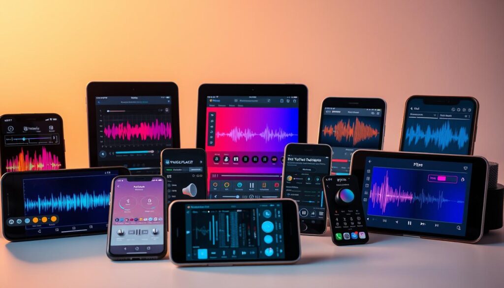 A vibrant still life depicting the best voice modifier apps. In the foreground, a collection of modern smartphones and tablets, their screens displaying various voice manipulation tools. The middle ground features a selection of colorful audio visualizers, waveforms, and pitch adjusting interfaces. The background is a soft, blurred gradient of muted pastels, creating a professional, editorial atmosphere. The lighting is warm and directional, casting dynamic shadows and highlights across the devices. The composition is balanced and visually striking, showcasing the powerful voice modifying capabilities of these essential mobile applications.