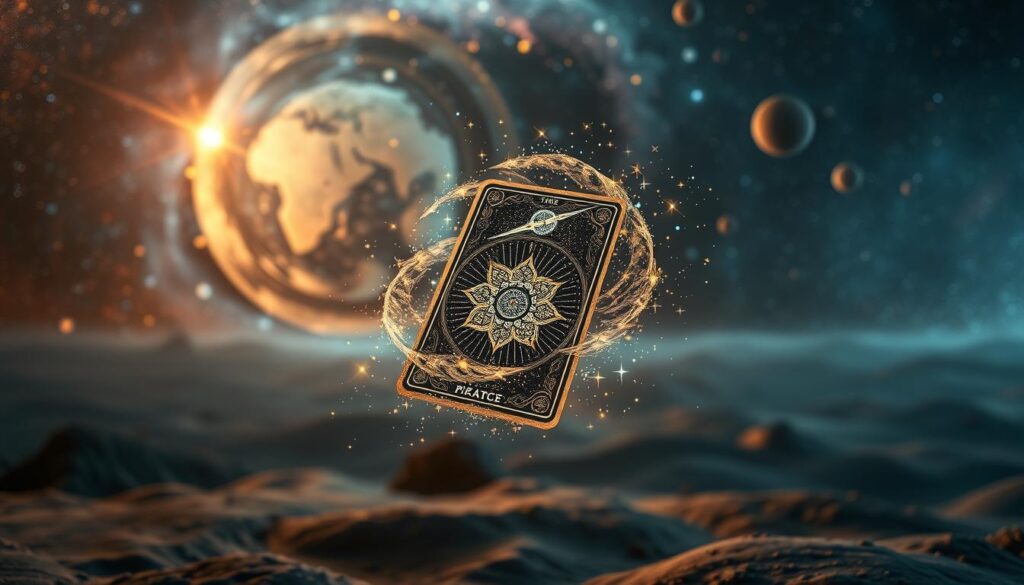 A visually striking and mystical depiction of "tarô quântico estelar". In the foreground, a tarot card floats in mid-air, its intricate design shimmering with celestial energy. The card is encircled by a swirling vortex of stars and galaxies, creating a mesmerizing and otherworldly atmosphere. In the background, a vast cosmic landscape unfolds, with nebulae, asteroids, and distant planets forming a breathtaking tableau. The lighting is soft and ethereal, casting a warm, otherworldly glow over the entire scene. The angle is slightly elevated, allowing the viewer to fully immerse themselves in the captivating and futuristic interpretation of the tarot. The overall mood is one of mystery, wonder, and a deep connection to the mysteries of the universe.