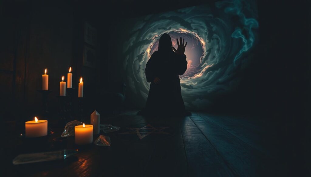 Precautions for Paranormal Safety: A dimly lit room with an eerie, unsettling atmosphere. In the foreground, various occult items are arranged - crystals, candles, and a mystic symbol etched into the floorboards. The middle ground features a shadowy, hooded figure performing a ritual, their hands gesturing with arcane symbols. In the background, a swirling vortex of supernatural energy, with flickering shadows and wisps of spectral mist. Moody, dramatic lighting casts deep shadows, creating a sense of tension and unease. The scene conveys the importance of caution and preparedness when dealing with the paranormal.