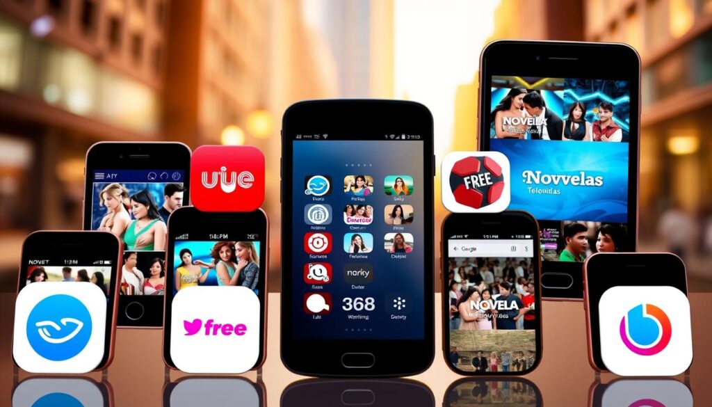 A bright, vibrant collage of popular mobile apps showcasing various novela (telenovela) titles and thumbnails. In the foreground, several smartphone screens display engaging drama scenes and characters. The middle ground features app icons and logos, neatly arranged to highlight the "free" and "novelas" themes. The background is a soft, blurred cityscape, suggesting the ubiquity of mobile entertainment. The lighting is warm and inviting, creating a sense of excitement and accessibility around the novela viewing experience on smartphones. A bright, vibrant collage of popular mobile apps showcasing various novela (telenovela) titles and thumbnails. In the foreground, several smartphone screens display engaging drama scenes and characters. The middle ground features app icons and logos, neatly arranged to highlight the "free" and "novelas" themes. The background is a soft, blurred cityscape, suggesting the ubiquity of mobile entertainment. The lighting is warm and inviting, creating a sense of excitement and accessibility around the novela viewing experience on smartphones.