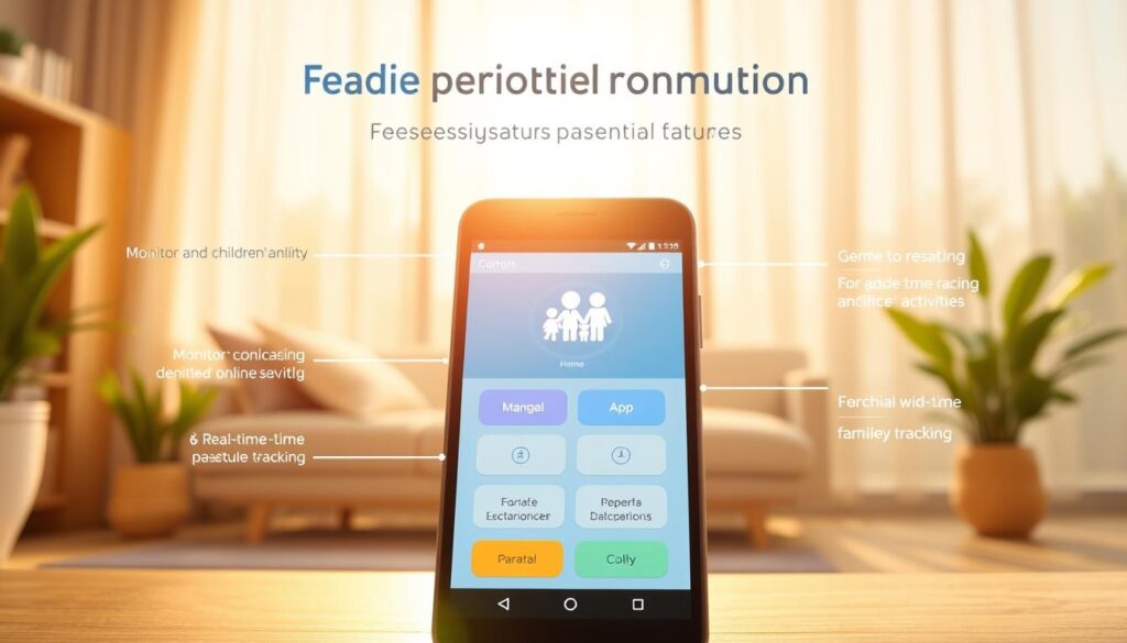A bright, visually engaging illustration showcasing the essential features of a robust parental control app. In the foreground, a smartphone display prominently features intuitive controls for monitoring and managing children's online activities, including web filtering, app restrictions, and real-time location tracking. In the middle ground, a friendly family icon symbolizes the protective nature of the app, while the background depicts a serene, peaceful home environment, conveying a sense of security and peace of mind for parents. The overall scene is bathed in warm, natural lighting, creating a welcoming and reassuring atmosphere. A bright, visually engaging illustration showcasing the essential features of a robust parental control app. In the foreground, a smartphone display prominently features intuitive controls for monitoring and managing children's online activities, including web filtering, app restrictions, and real-time location tracking. In the middle ground, a friendly family icon symbolizes the protective nature of the app, while the background depicts a serene, peaceful home environment, conveying a sense of security and peace of mind for parents. The overall scene is bathed in warm, natural lighting, creating a welcoming and reassuring atmosphere.