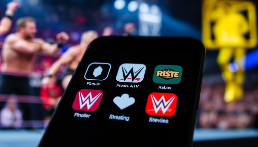 A cinematic close-up shot of a smartphone screen displaying various mobile app icons, including distinct logos and branding for popular streaming services. The screen is set against a blurred background of sports entertainment imagery - muscular wrestlers, dynamic combat, and the vibrant energy of a WWE event. The lighting is dramatic, with strategic highlights and shadows that emphasize the screen and its contents. The overall mood is one of excitement and anticipation, hinting at the immersive experience of using these apps to access the world of WWE programming.