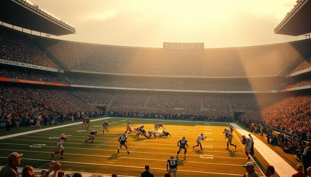 A classic NFL playoff game unfolding on a large stadium field, with players from opposing teams engaged in intense action on the gridiron. The field is bathed in warm, golden stadium lighting, creating a dramatic and cinematic atmosphere. In the background, the stands are filled with passionate fans waving banners and cheering enthusiastically. The scene captures the rich history and excitement of the NFL postseason, conveying the high stakes and fierce competition that define this iconic American sporting event. A classic NFL playoff game unfolding on a large stadium field, with players from opposing teams engaged in intense action on the gridiron. The field is bathed in warm, golden stadium lighting, creating a dramatic and cinematic atmosphere. In the background, the stands are filled with passionate fans waving banners and cheering enthusiastically. The scene captures the rich history and excitement of the NFL postseason, conveying the high stakes and fierce competition that define this iconic American sporting event.