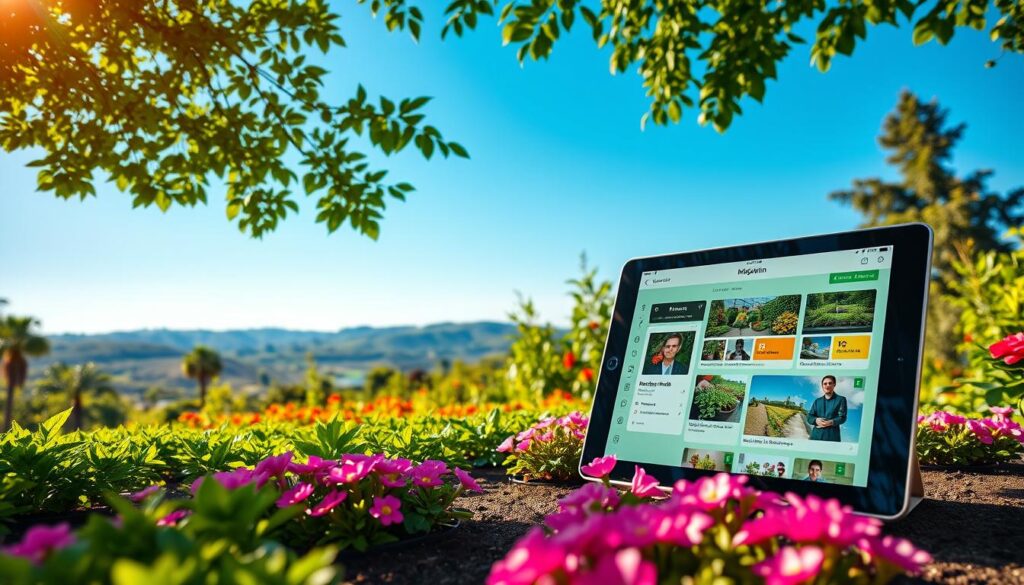 A lush, verdant garden filled with vibrant flora, showcasing the "MeuJardim" application interface on a sleek, modern tablet. The foreground features neatly arranged flower beds, with the application's user-friendly design prominently displayed, allowing the user to effortlessly track and manage their garden's growth. The middle ground depicts thriving plants and trees, bathed in warm, golden sunlight, creating a serene and inviting atmosphere. In the background, a picturesque vista of rolling hills and a clear, azure sky completes the tranquil scene, conveying the harmony between technology and nature. The image should be captured with a high-quality, wide-angle lens to emphasize the depth and scale of the garden, and the lighting should be soft and diffused, evoking a sense of calm and relaxation.