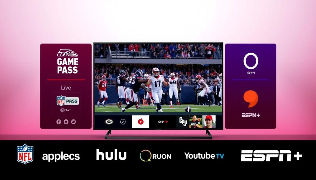 A modern, sleek interface showcasing various streaming platforms offering live NFL games. In the foreground, app icons and logos for popular services like NFL Game Pass, Hulu, YouTube TV, and ESPN+, arranged in a grid layout. The middle ground features a large, high-definition video player displaying an exciting NFL game, with players in action and dynamic camera angles. The background is a soft, gradient-based color scheme, creating a minimalist and immersive atmosphere. The lighting is clean and balanced, highlighting the clarity of the screen and the vibrancy of the sports content. The overall composition conveys the convenience and accessibility of watching NFL games through a variety of digital streaming options.