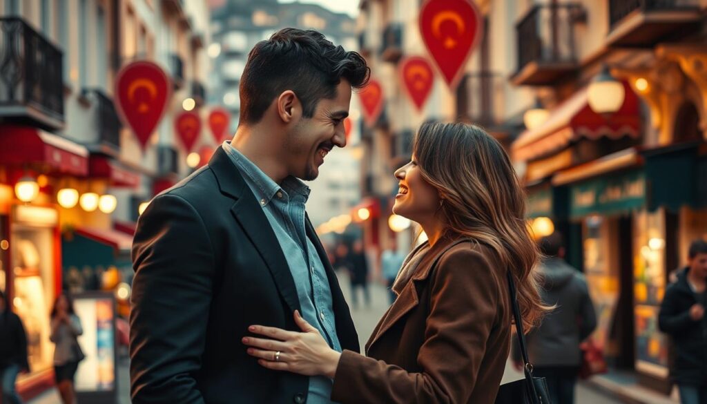A romantic comedy set in a picturesque Turkish city, with a handsome, well-dressed man and a beautiful, fashionably dressed woman in the foreground, sharing an intimate moment against the backdrop of a bustling street scene. Warm, soft lighting casts a cozy glow, highlighting their chemistry and the charming urban environment. The composition is balanced, with the couple in the center, surrounded by vibrant colors, lively pedestrians, and the architecture of the city. An atmosphere of playful flirtation and budding romance permeates the scene, inviting the viewer to imagine the unfolding story of "Mr. Wrong".