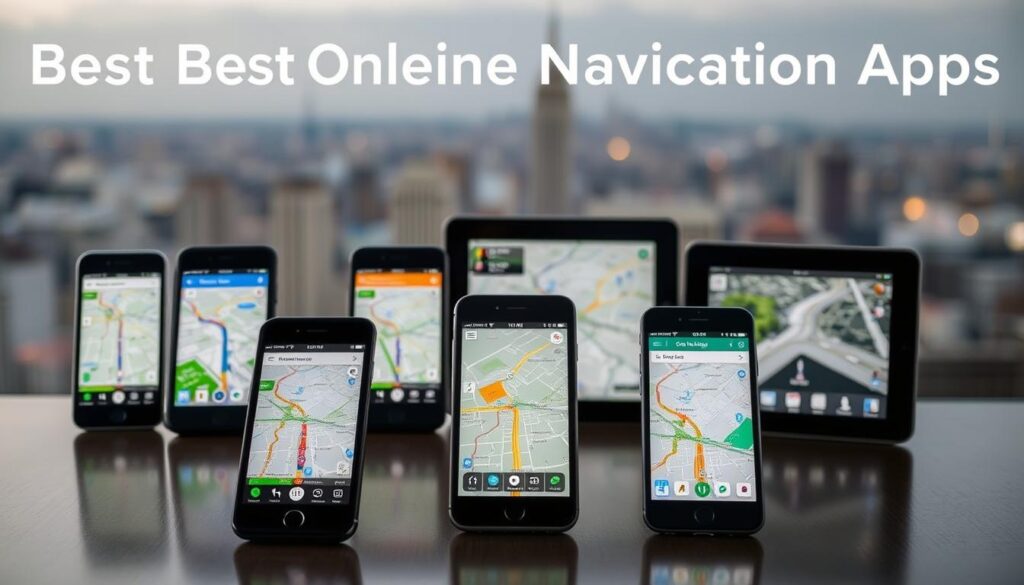 A serene, well-lit scene showcasing the best offline navigation apps for mobile devices. In the foreground, several smartphones and tablets are prominently displayed, their screens illuminating the scene with detailed GPS maps and navigation interfaces. The middle ground features a variety of mobile devices, each with a distinct app interface representing the leading offline navigation solutions. In the background, a subtly blurred cityscape or landscape provides a sense of place, hinting at the outdoors exploration and travel experiences these apps enable. The overall mood is one of utility, convenience, and adventure, inviting the viewer to imagine the possibilities of navigating the world with these powerful offline GPS tools.