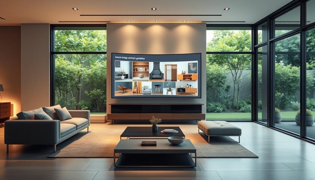 A sleek, modern living room with a sophisticated, AI-powered interface. In the foreground, a minimalist couch and coffee table are arranged to create a harmonious, inviting space. The middle ground features a large, curved display on the wall, showcasing dynamic interior design suggestions and color palettes generated by an intelligent algorithm. Soft, indirect lighting bathes the room in a warm, ambient glow, creating a tranquil atmosphere. In the background, floor-to-ceiling windows offer a panoramic view of a lush, verdant garden, blending the indoor and outdoor environments seamlessly. The overall scene conveys the effortless integration of cutting-edge technology and thoughtful, personalized interior design. A sleek, modern living room with a sophisticated, AI-powered interface. In the foreground, a minimalist couch and coffee table are arranged to create a harmonious, inviting space. The middle ground features a large, curved display on the wall, showcasing dynamic interior design suggestions and color palettes generated by an intelligent algorithm. Soft, indirect lighting bathes the room in a warm, ambient glow, creating a tranquil atmosphere. In the background, floor-to-ceiling windows offer a panoramic view of a lush, verdant garden, blending the indoor and outdoor environments seamlessly. The overall scene conveys the effortless integration of cutting-edge technology and thoughtful, personalized interior design.