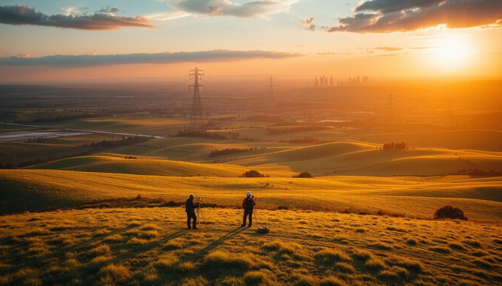 A vast, sprawling landscape of rolling hills and verdant meadows, bathed in the warm glow of a golden sunset. In the foreground, a team of surveyors meticulously measuring the terrain, their high-tech equipment casting long shadows across the ground. In the middle ground, a sprawling network of power lines and communication towers, a testament to the integration of technology and the natural world. In the distance, a modern city skyline, hinting at the scale and complexity of the challenges faced by those tasked with mapping and understanding the land. The scene is captured through the lens of a wide-angle camera, emphasizing the vastness and interconnectedness of the elements, with a cinematic depth of field that blurs the background, drawing the viewer's attention to the central activity. The overall mood is one of progress and innovation, as the power of modern surveying tools is harnessed to better understand and utilize the natural environment.