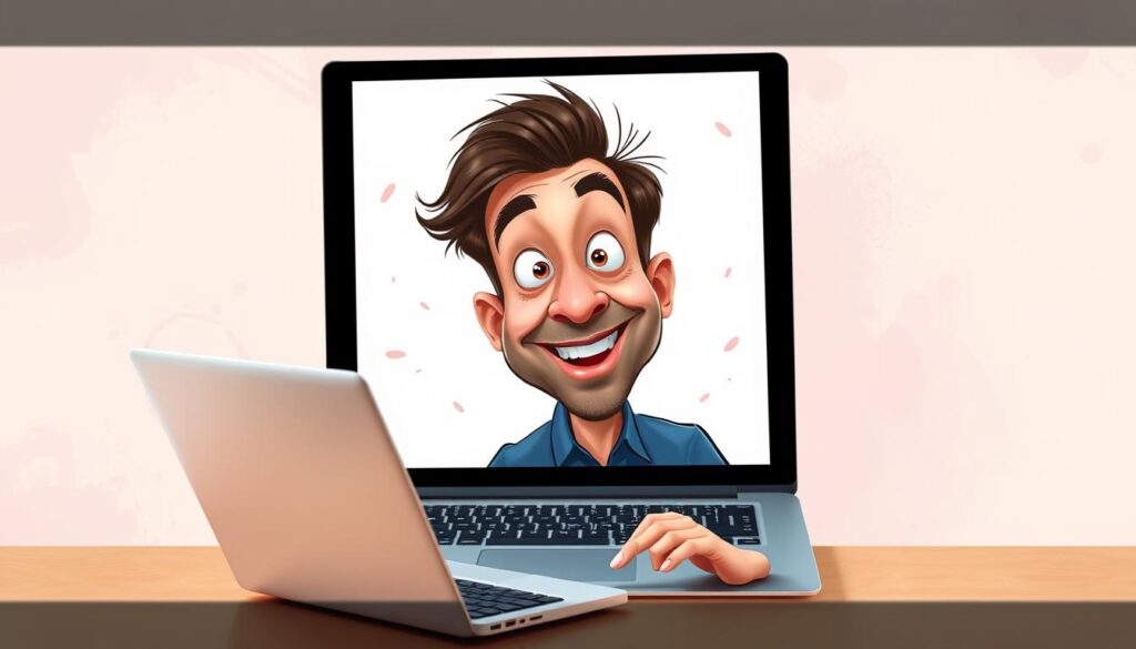 A vibrant digital caricature depicting a person using a laptop to transform a video into a comical, exaggerated cartoon-like rendering. The subject's features are humorously distorted, with an oversized head, bulging eyes, and a cartoonish expression. The scene is set against a playful, pastel-colored background, with subtle details like particles or brush strokes adding visual interest. The lighting is soft and flattering, with a touch of whimsy to match the playful tone. The overall impression is one of lighthearted amusement, capturing the fun and creativity of the "Transformar vídeos em caricaturas" process.
