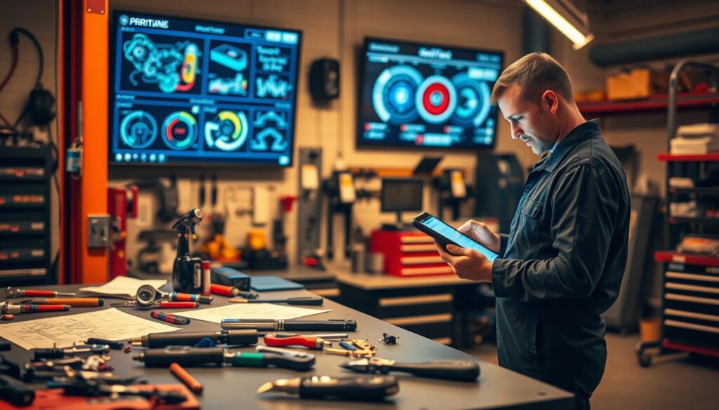 A workshop interior with a well-lit workbench in the foreground, showcasing a variety of mechanic's tools and equipment. In the middle ground, a technician using a tablet or smartphone, reviewing schematics or accessing diagnostic apps. The background features a wall-mounted display with graphical representations of various automotive systems and performance metrics. Warm, ambient lighting creates a professional, productive atmosphere, highlighting the benefits of mobile technology for mechanics in their daily tasks.