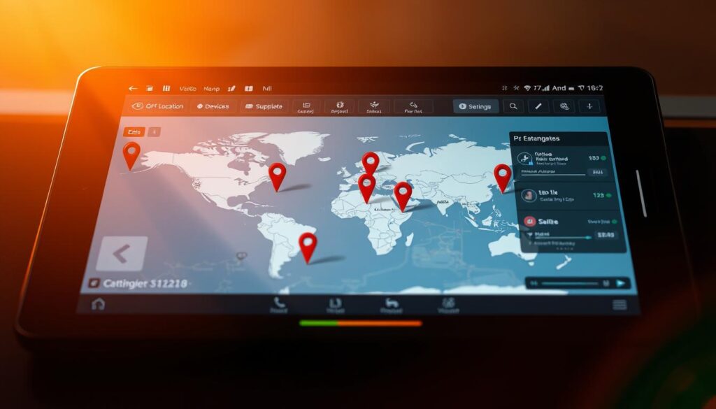 An advanced Android location tracking system, featuring a detailed map with pin markers denoting device locations. A sleek user interface showcases real-time updates, GPS coordinates, and customizable settings. The scene is illuminated by warm, directional lighting, casting subtle shadows that accentuate the technological aesthetics. The composition emphasizes the map's crisp, high-resolution display, framed by a minimalist dashboard layout. The overall mood conveys a sense of precision, control, and cutting-edge location tracking capabilities.