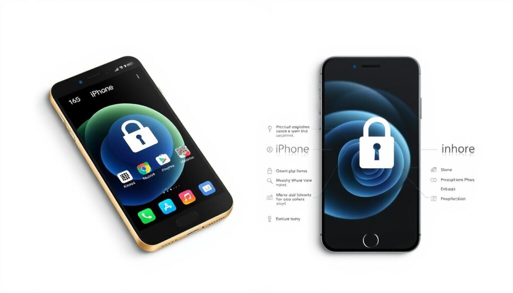Comparação entre segurança Android e iPhone A detailed, side-by-side comparison of an Android smartphone and an iPhone, set against a clean, minimalist background. The devices should be depicted in a well-lit, high-resolution render, showcasing their distinct designs and highlighting key security features. The Android device should exhibit a more open, customizable interface, while the iPhone conveys a sleek, locked-down aesthetic. Subtle iconography and visual cues should illustrate the core security differences between the two platforms, such as app permissions, encryption, and vulnerability to malware. The overall composition should strike a balance between technical accuracy and visual appeal, creating a clear, informative illustration for the article section.